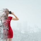 Attractive woman in red dress wearing virtual helmet. Mixed media